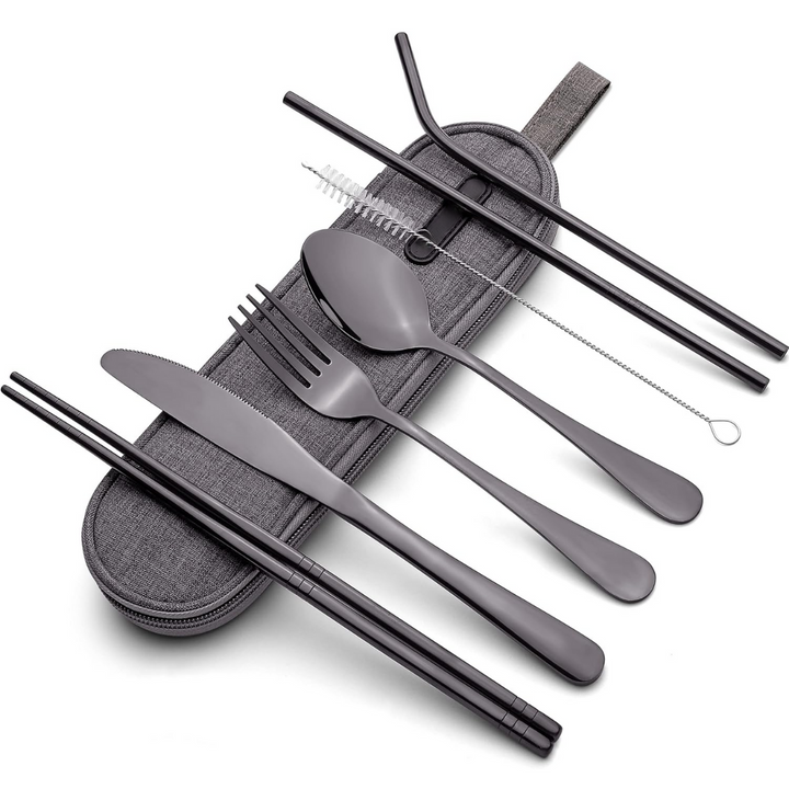 Portable stainless steel cutlery set in black with travel case