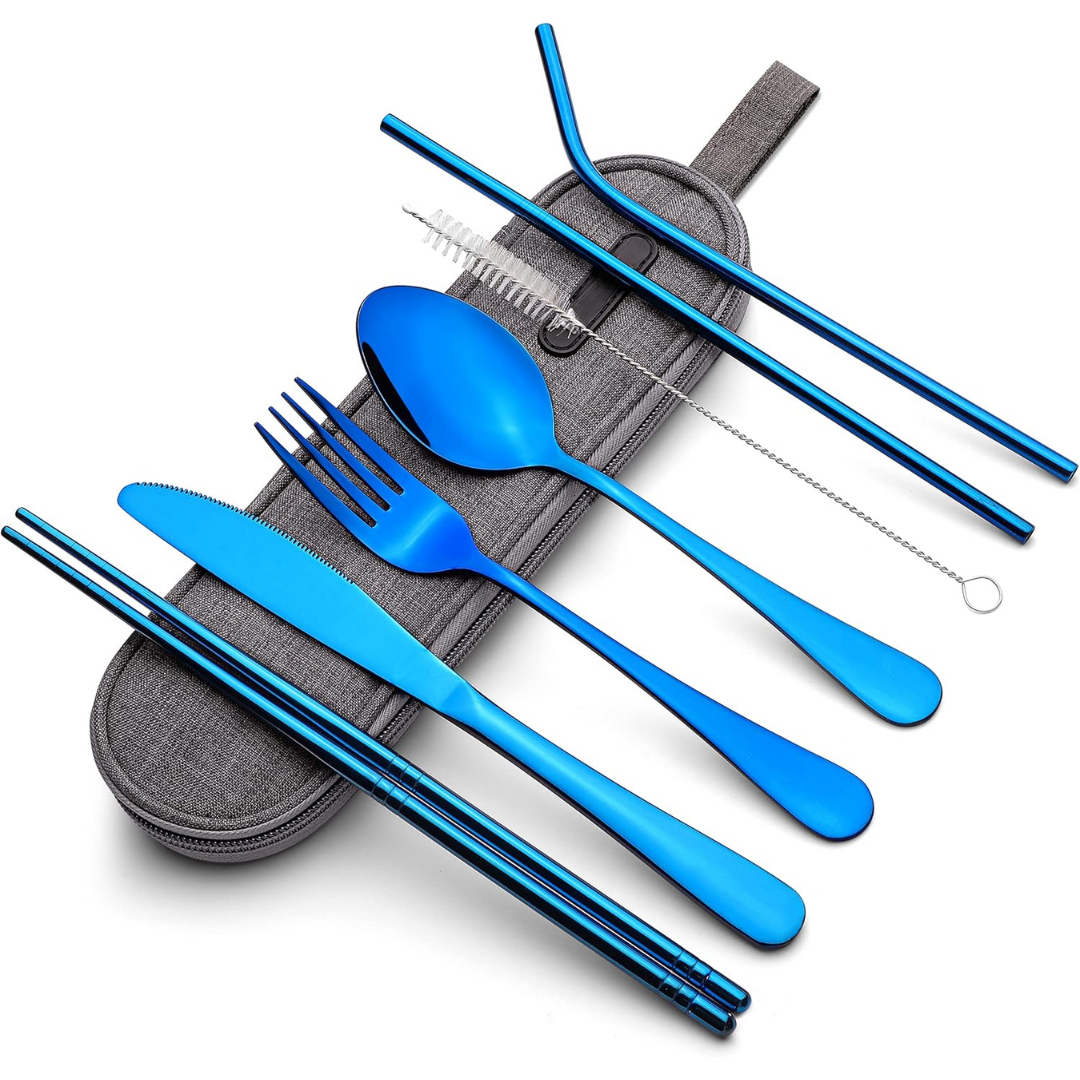 Stainless steel cutlery set laid out flat showing fork spoon and knife