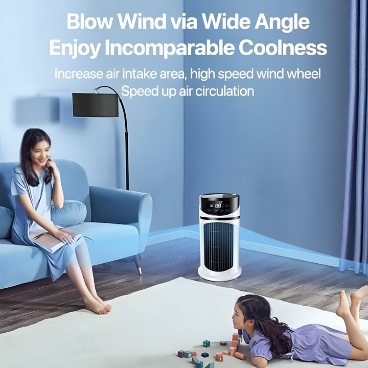 Portable tower air conditioner cooling a living room space