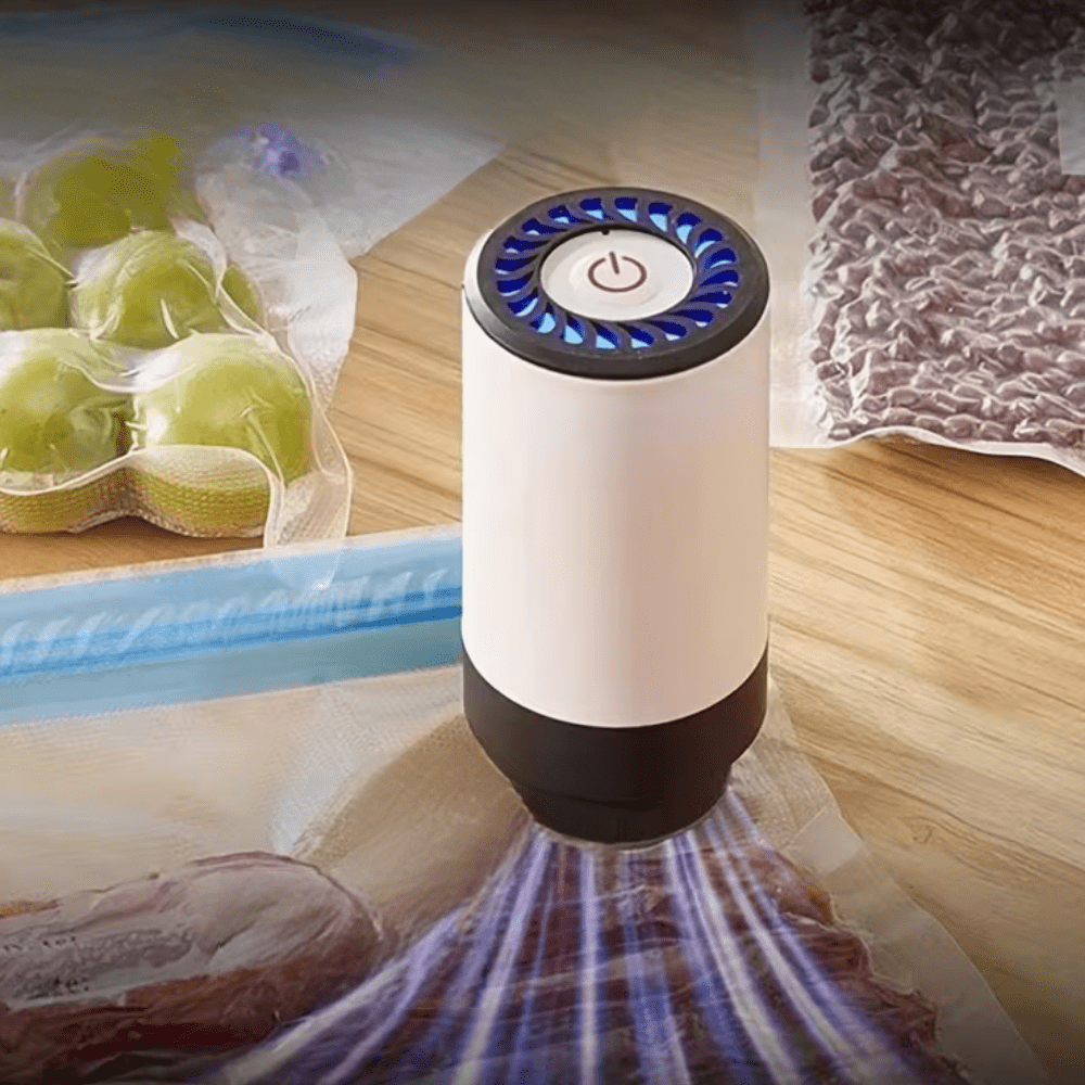 Portable electric vacuum sealer machine sealing food bags on a wooden table