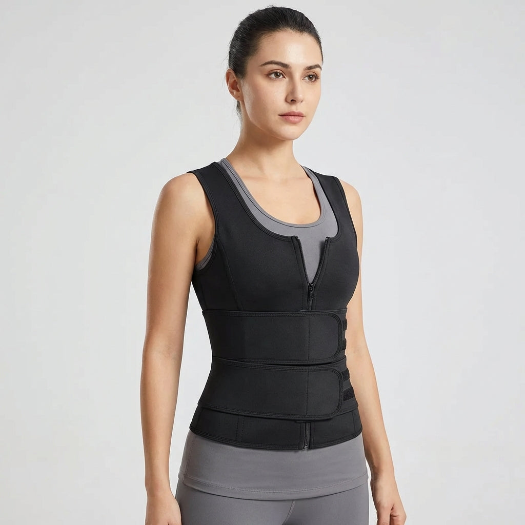 Model wearing black two belt posture brace front view