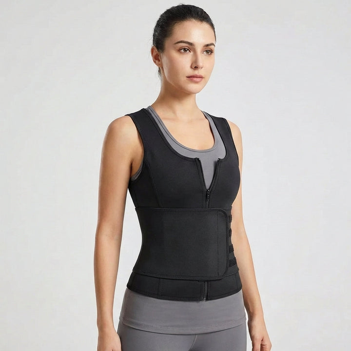 Model wearing black one belt posture brace front view