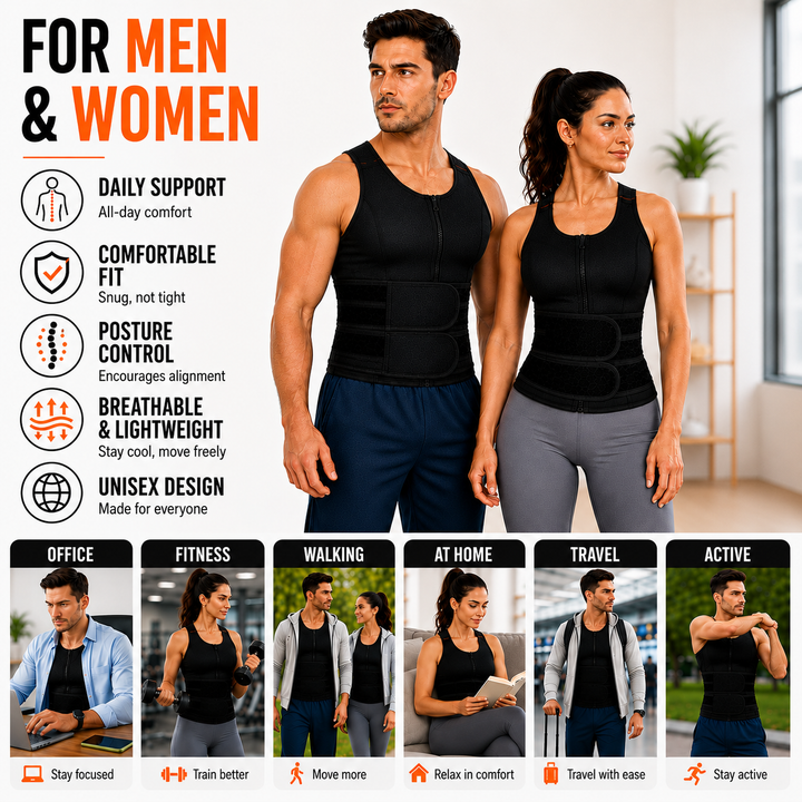 Side view of person wearing adjustable back brace for spine alignment and fitness
