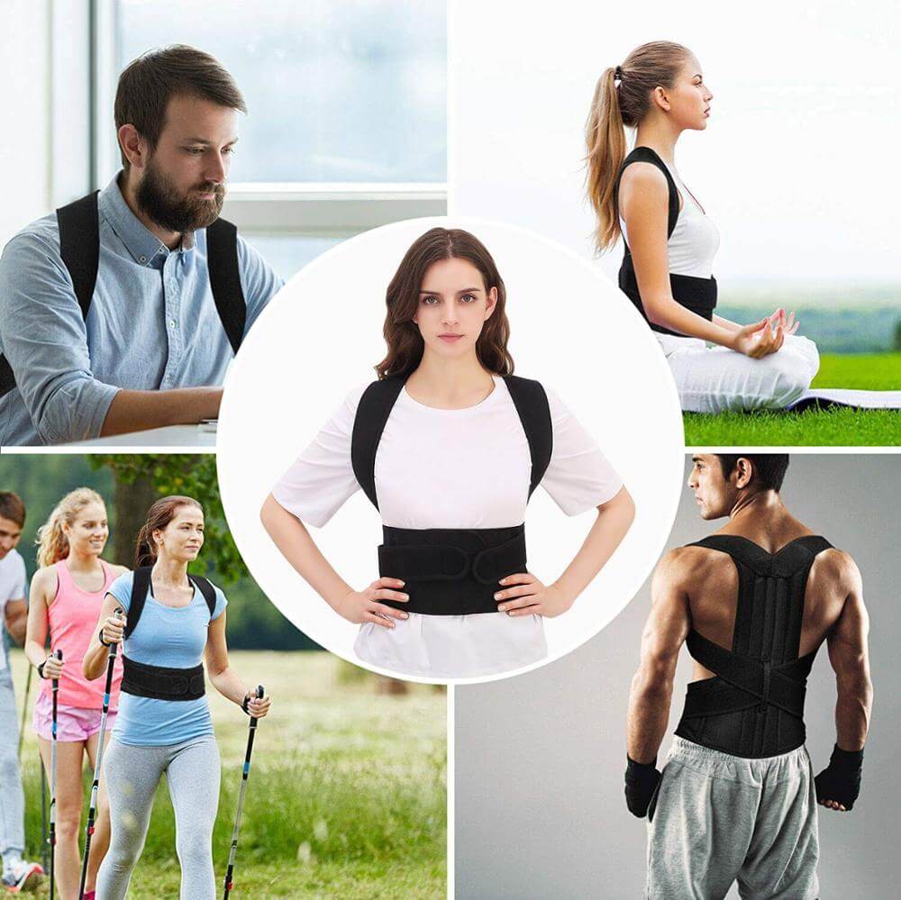 Complete posture corrector vest layout showing back pain relief features