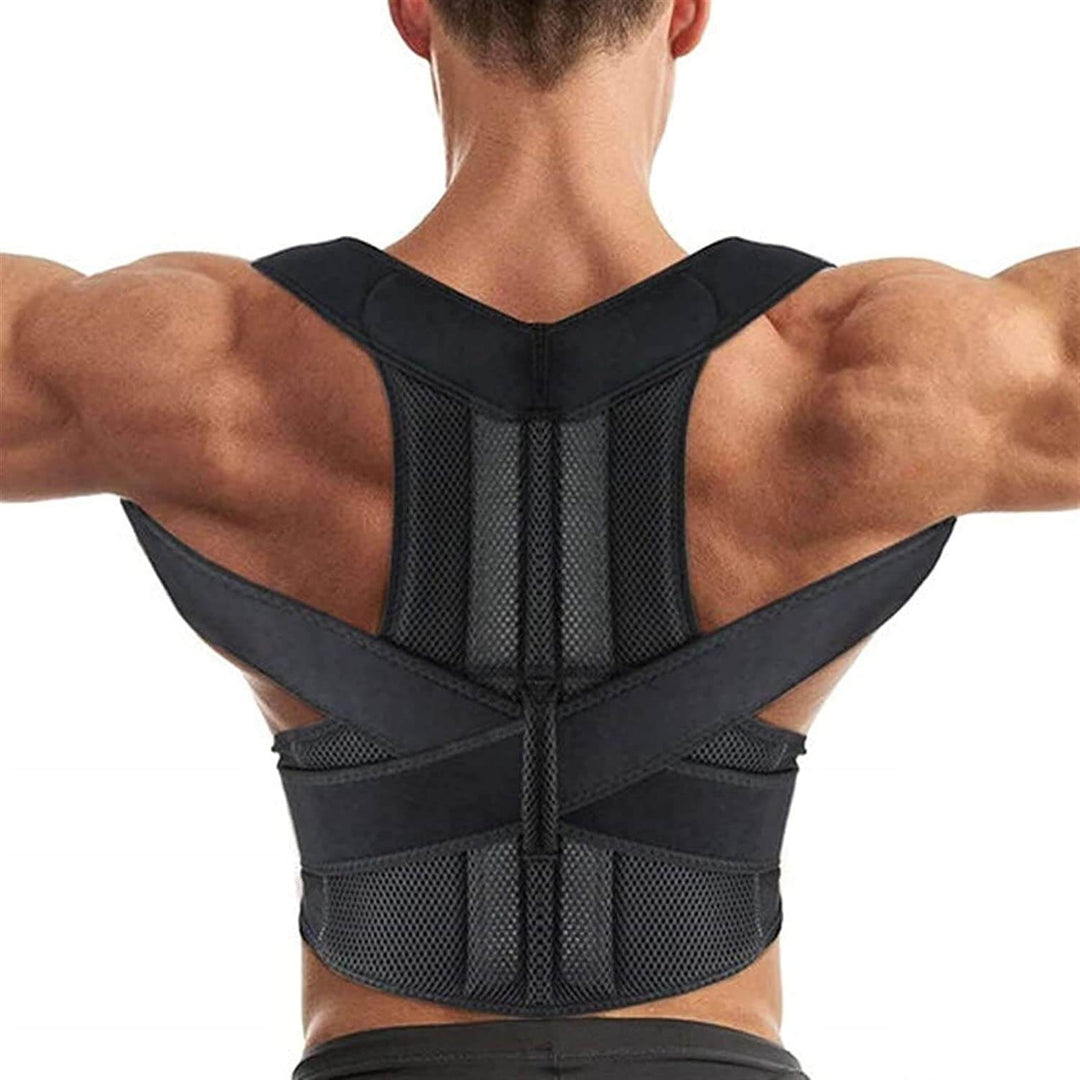 Rear view of a man wearing the breathable black posture corrector support vest