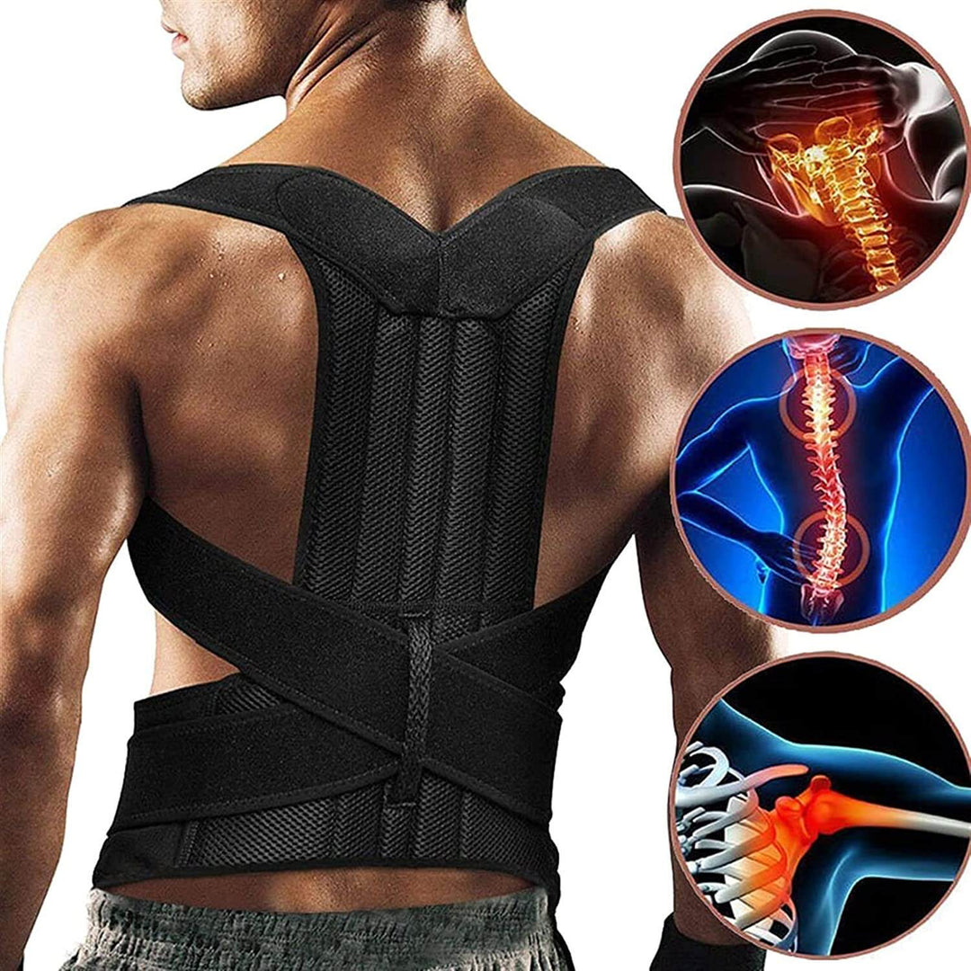 Man wearing black posture corrector vest showing back support and spinal alignment features