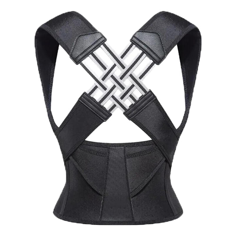 Back view of the black ergonomic shoulder posture support brace showing crossover straps
