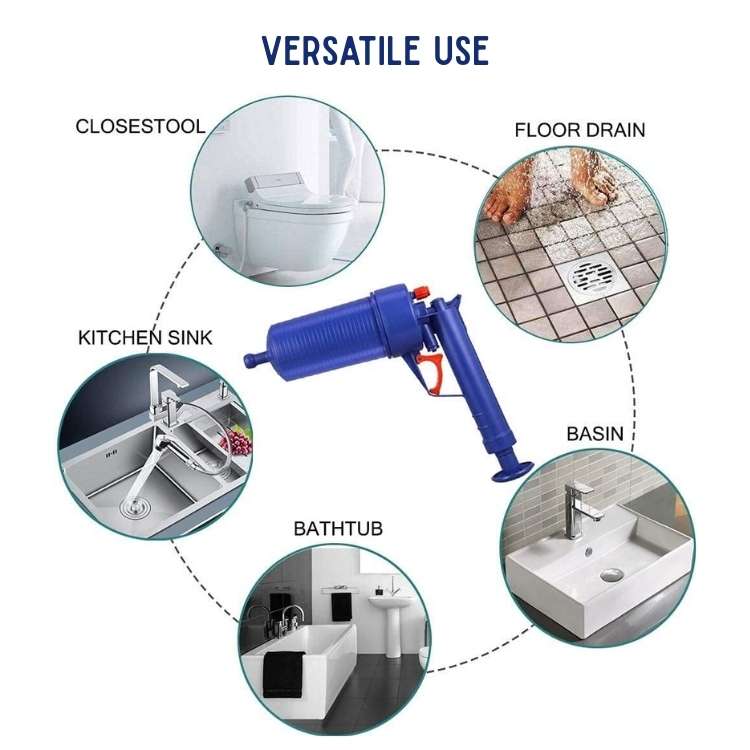 High-pressure air drain cleaner tool with interchangeable plunger heads for heavy clogs