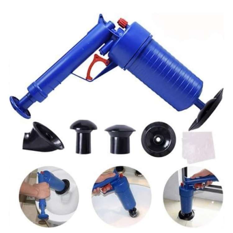 Plumbing tool clog remover kit showing the air pump handle and pressure gauge