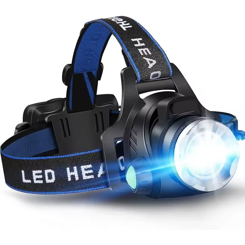 Unisex waterproof LED headlamp with adjustable zoom and blue elastic strap