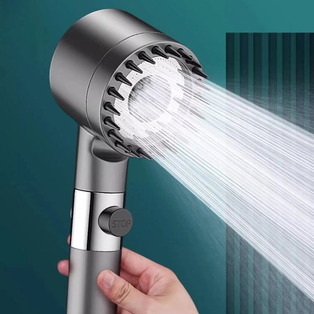 Modern high-pressure filtered showerhead spraying water with massage bristles