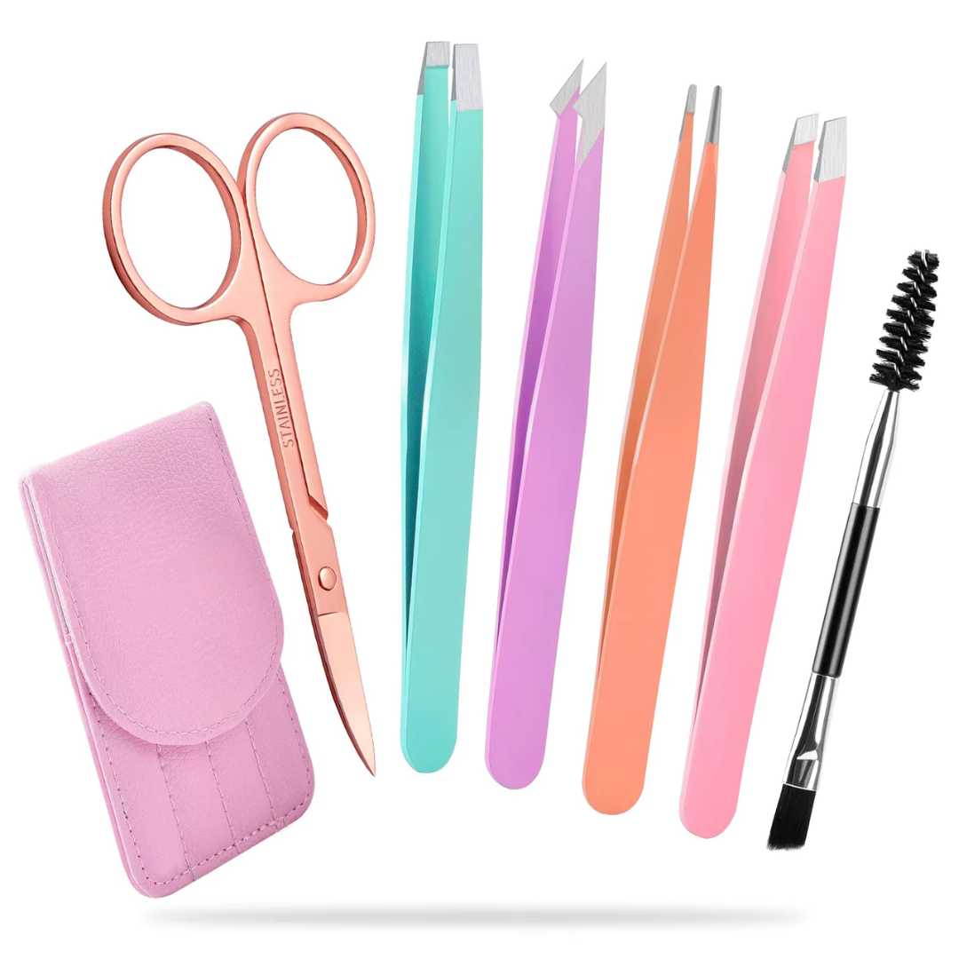 Precision tweezer set with pastel scissors and pink travel case