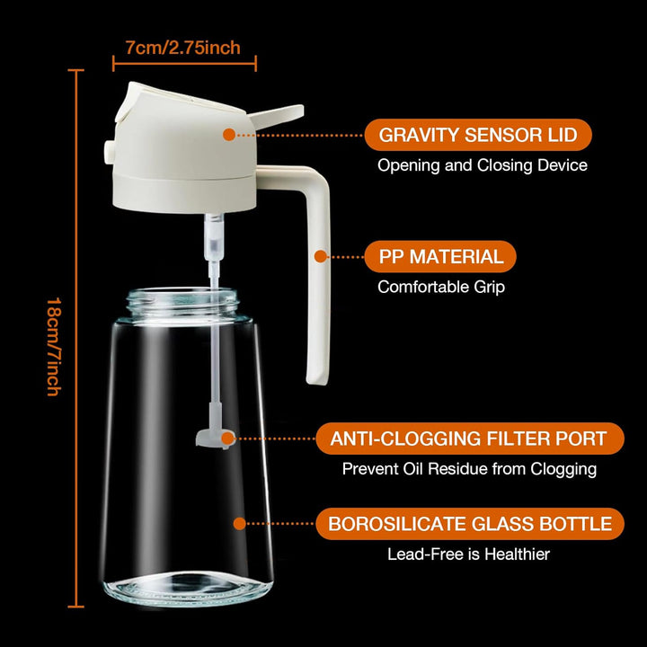 Glass olive oil dispenser bottle showing ergonomic trigger handle design