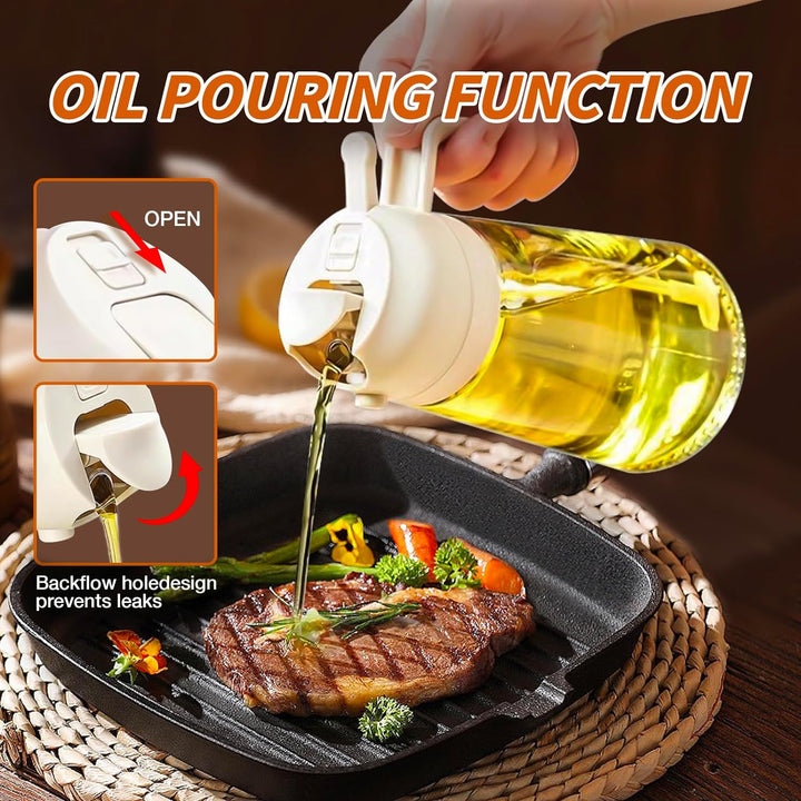 Cooking gadget oil sprayer being used to mist a frying pan with oil