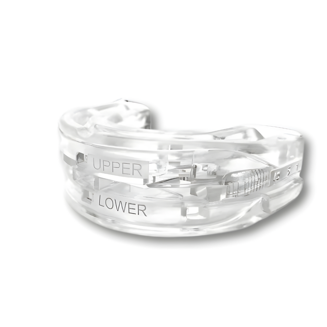 Transparent anti-snoring mouthpiece with upper and lower jaw indicators