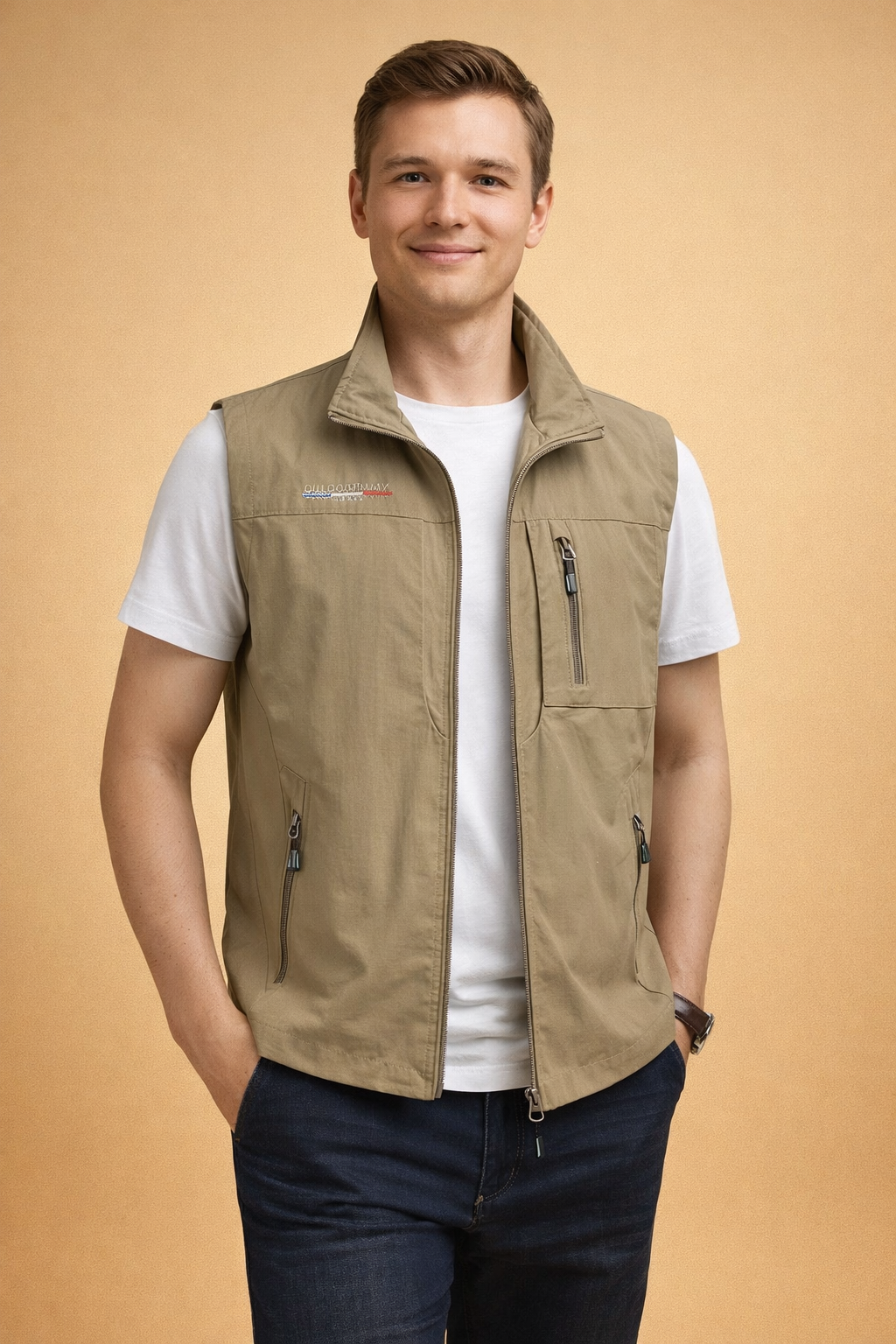 Model wearing khaki utility vest with zip pockets