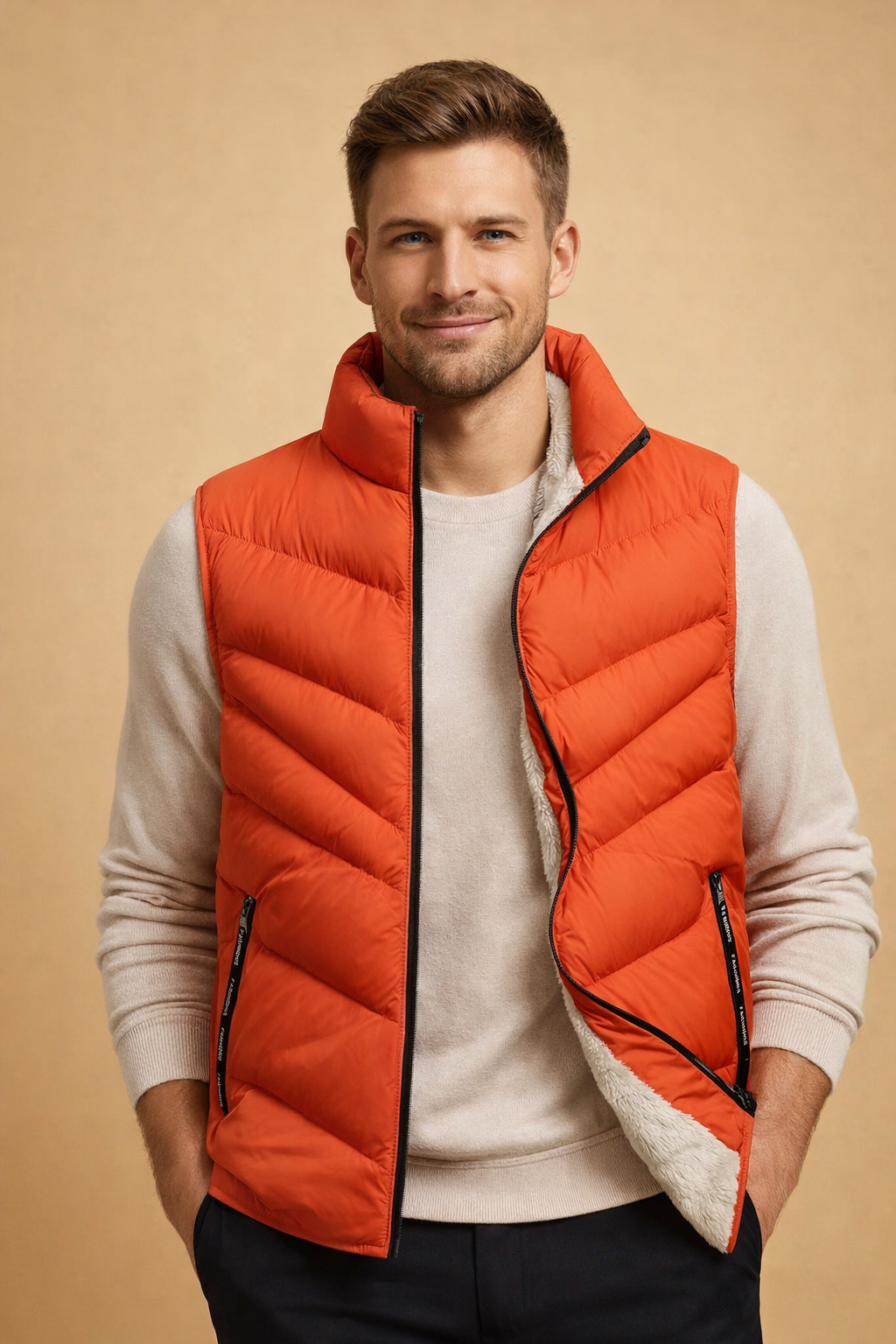 Man wearing orange insulated puffer vest with stand collar
