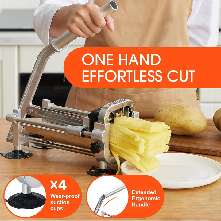 Stainless steel french fry cutter and potato slicer mounted on a wooden table