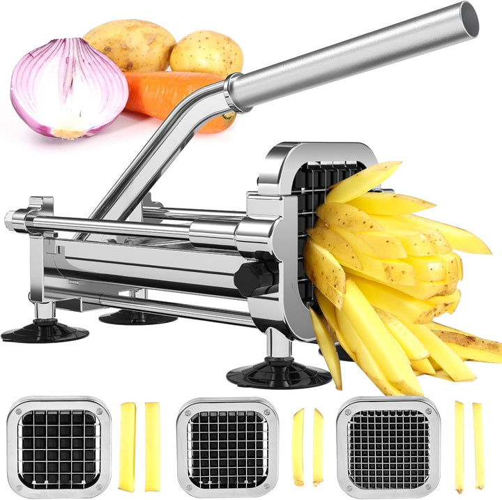 Stainless steel french fry cutter with interchangeable blades and vegetables