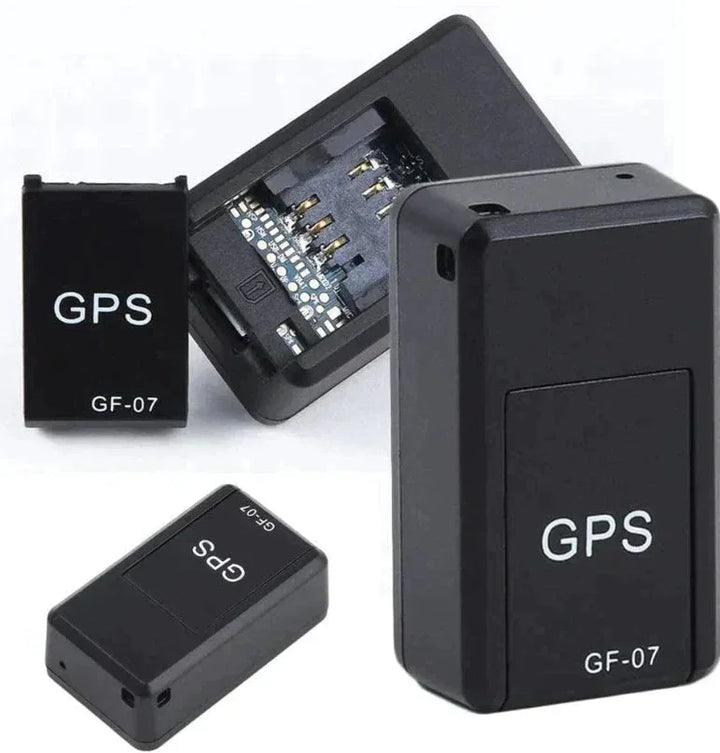 Mini GPS tracker shown from multiple angles including open casing showing internal circuit board