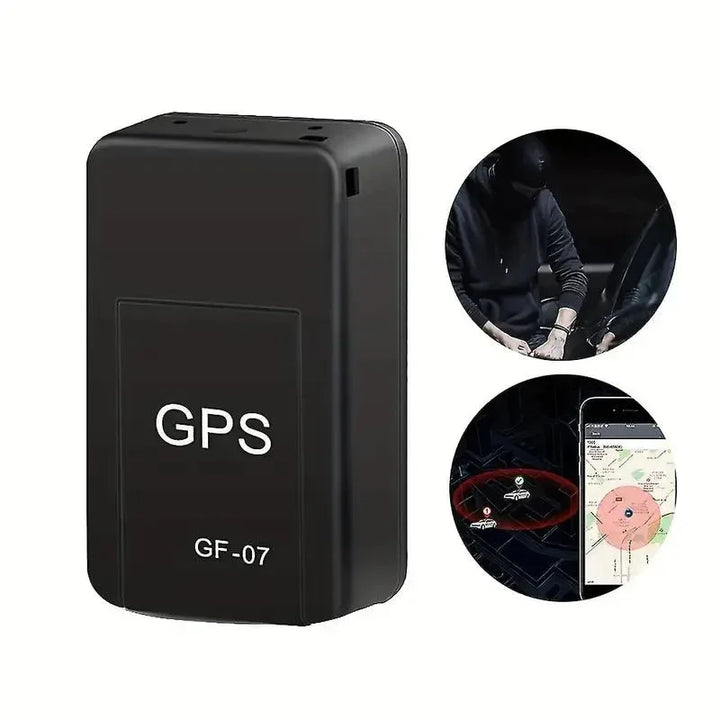 Black mini GPS tracker unit alongside circular inset graphics illustrating tracking map and security monitoring