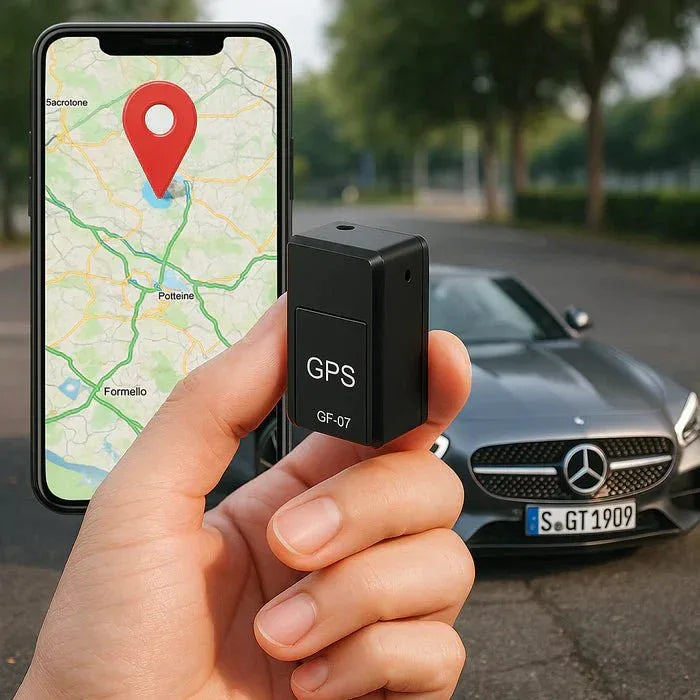 Mini GPS tracker held in hand with smartphone showing real-time map location and car in background