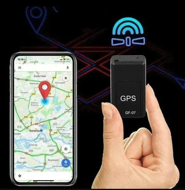 Mini GPS tracker side view showing compact size for car tracking and vehicle security