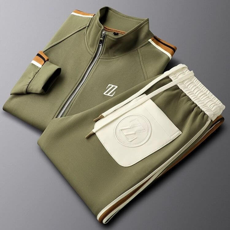 Olive green men's athletic tracksuit set with contrasting details