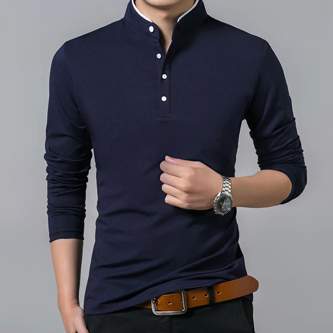 Close-up view of slim-fit long sleeve polo shirt for men featuring stylish collar