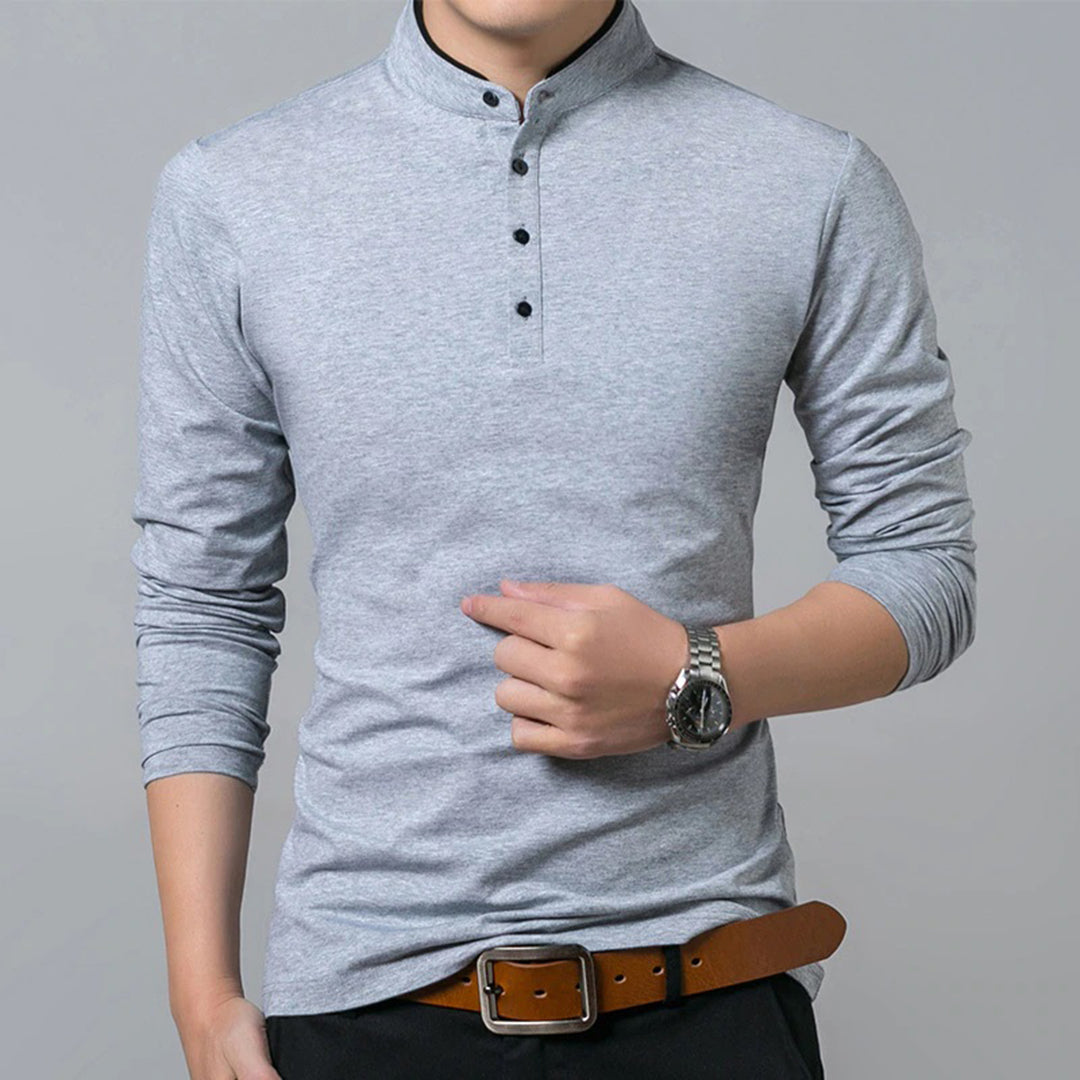 Men's long sleeve slim-fit polo shirt in casual smart design with band collar