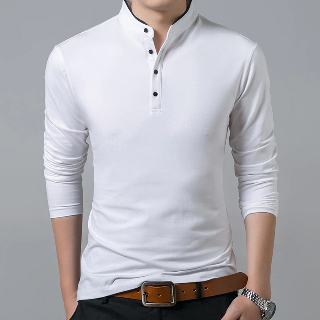 Man wearing a white long sleeve slim-fit polo shirt