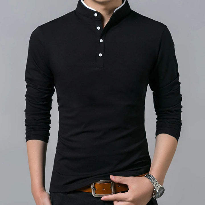 Man wearing a black long sleeve slim-fit polo shirt with band collar
