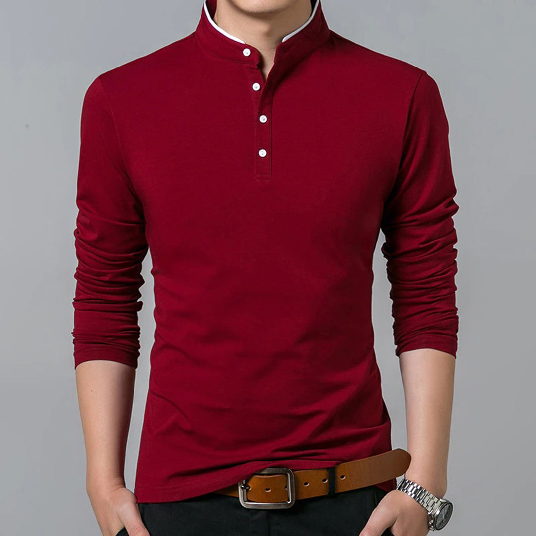 Man wearing a red long sleeve slim-fit polo shirt with button placket