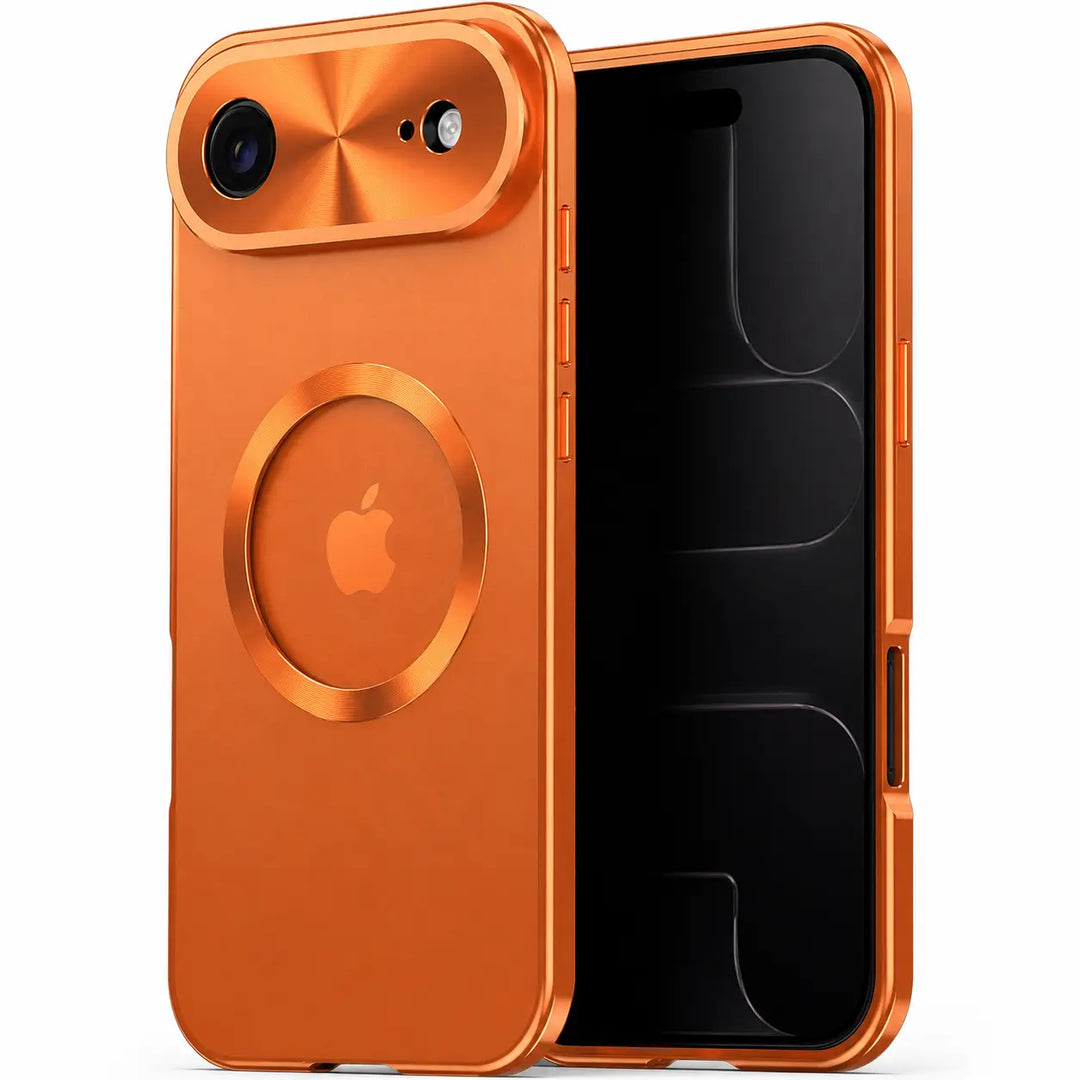 Cosmic Orange privacy MagSafe iPhone case showing back and inner view