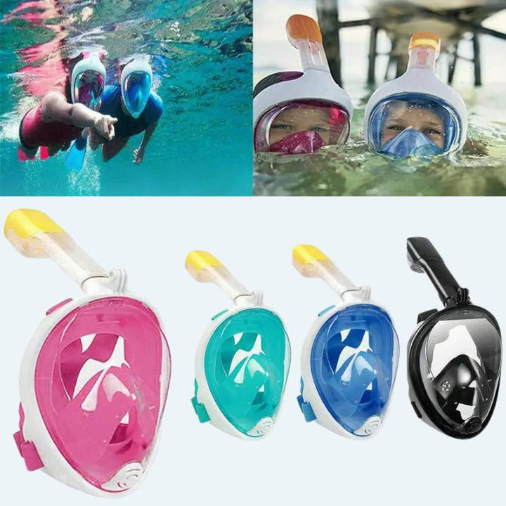 People swimming in the ocean wearing colorful full face snorkelling masks