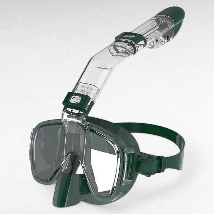 Travel friendly foldable snorkel mask packed neatly in mesh storage bag