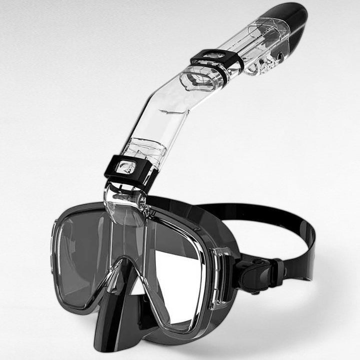 Black foldable snorkel mask with clear breathing tube