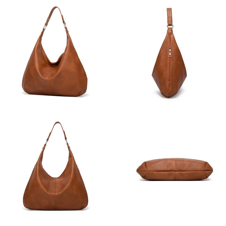 Side profile of women's luxury shoulder handbag highlighting structural shape