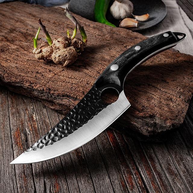 Close-up of the sharp stainless steel blade on the Japanese knife