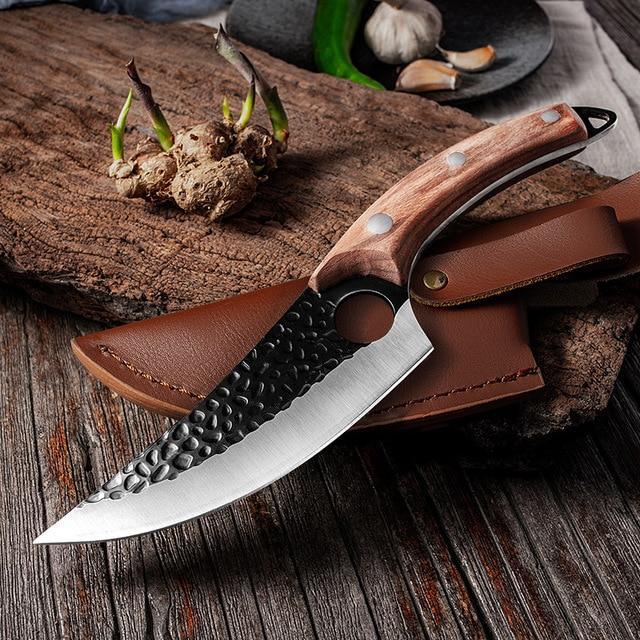 Top view of the chef knife showing balanced weight and blade curve