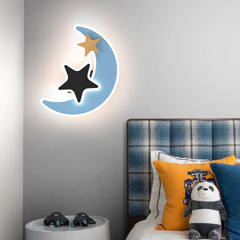 Blue moon and stars children LED wall light mounted in a nursery bedroom
