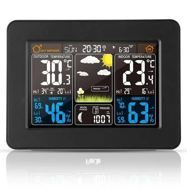 Digital wireless weather station display showing indoor and outdoor readings