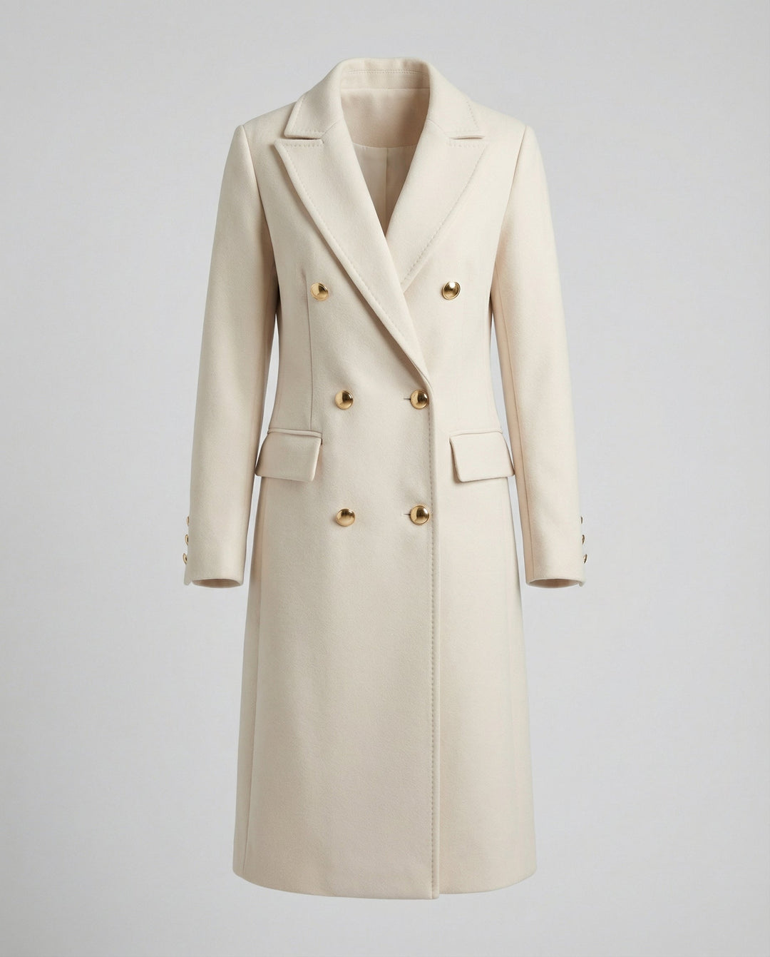 Elegant black double-breasted winter jacket for women, side profile