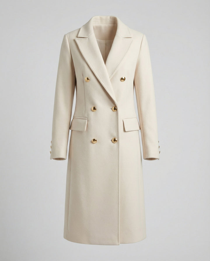 Elegant black double-breasted winter jacket for women, side profile
