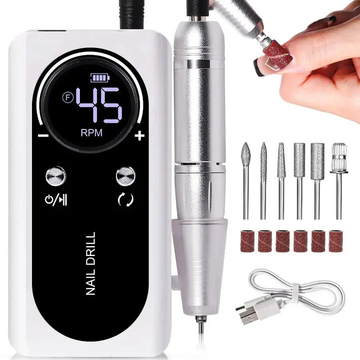 Complete professional manicure set with 45000RPM rechargeable nail drill