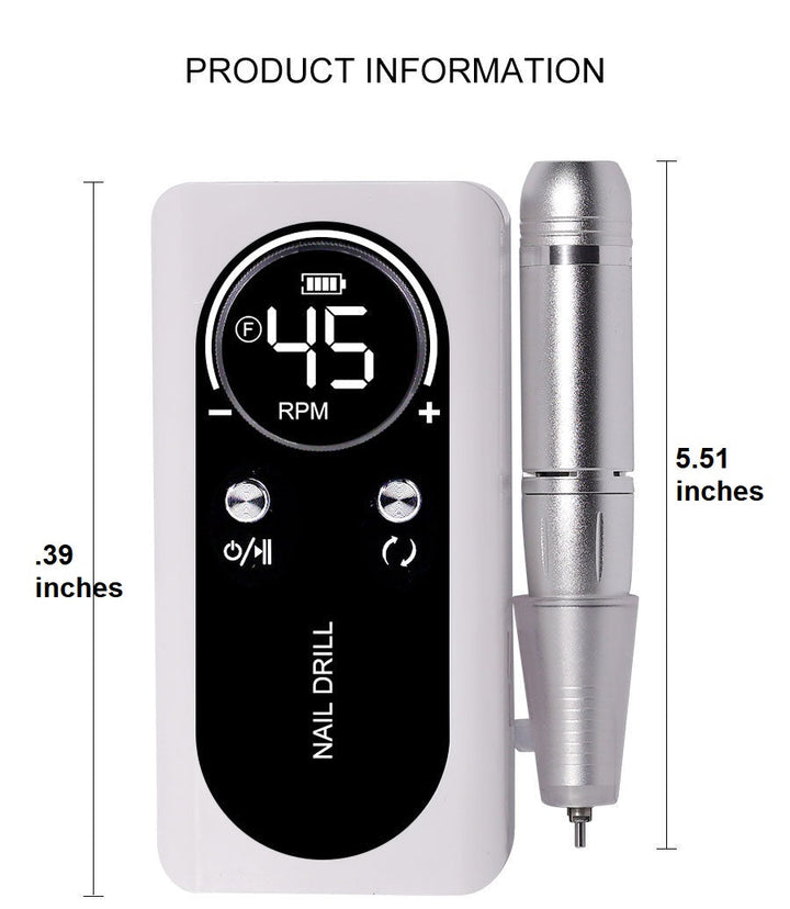 Product dimension diagram showing the compact size of the portable electric nail drill control unit