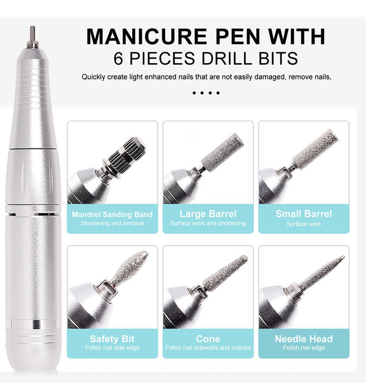 Detailed view of the six different manicure drill bits and sanding bands included with the electric nail file