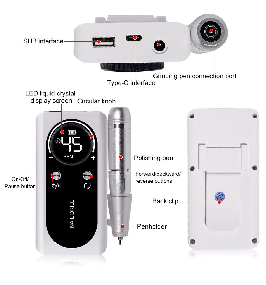 Professional 45000RPM portable electric nail file showing LED battery display