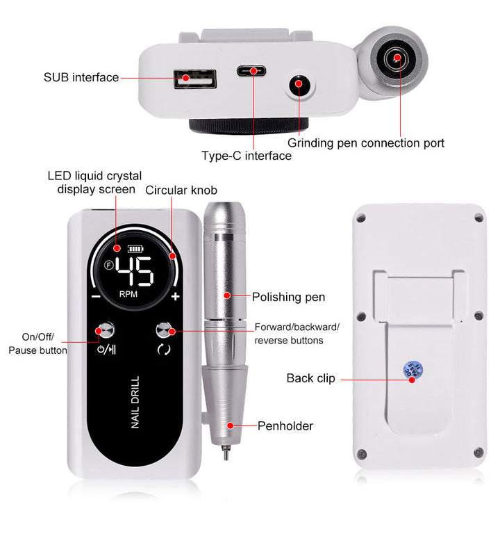 Professional 45000RPM portable electric nail file showing LED battery display