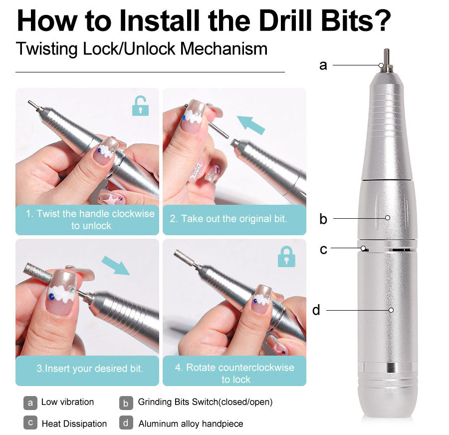 Rechargeable electric nail drill handpiece with ergonomic grip for manicure